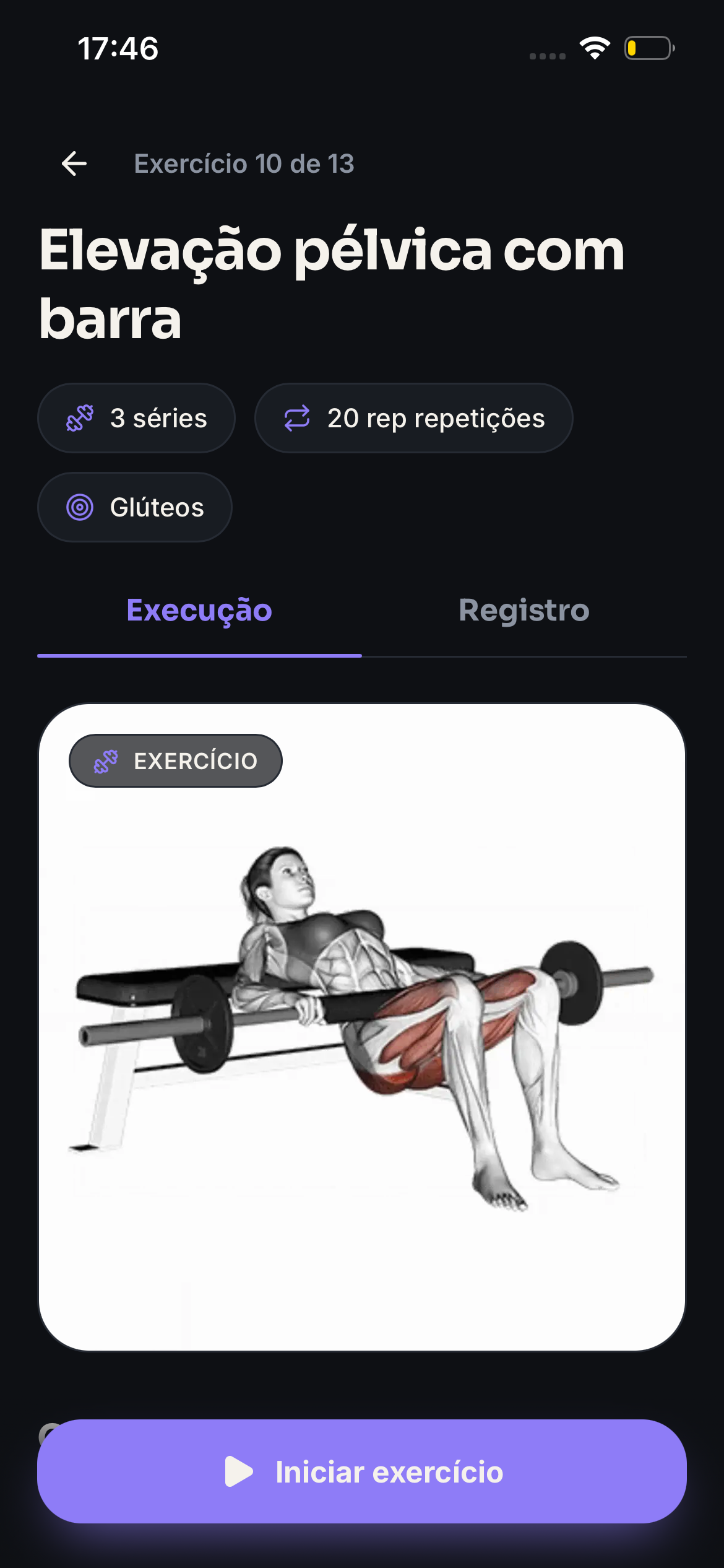 Tela de exercício com demonstração do movimento no Flow Studio
