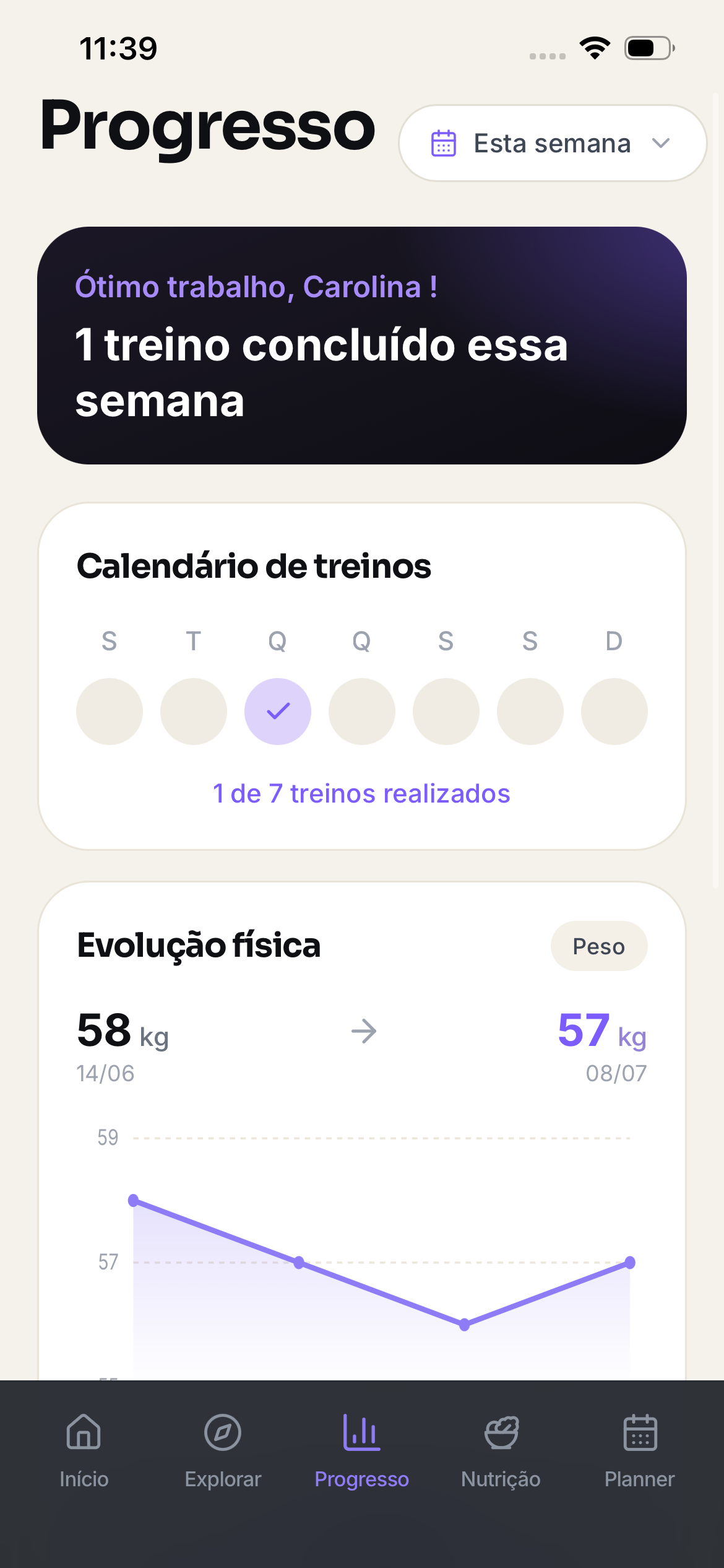 Tela de progresso e evolução física do Flow Studio